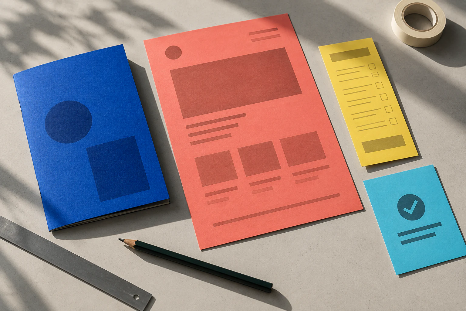 A working paper prototype combines a cobalt booklet, coral landing page, yellow form and cyan response card.