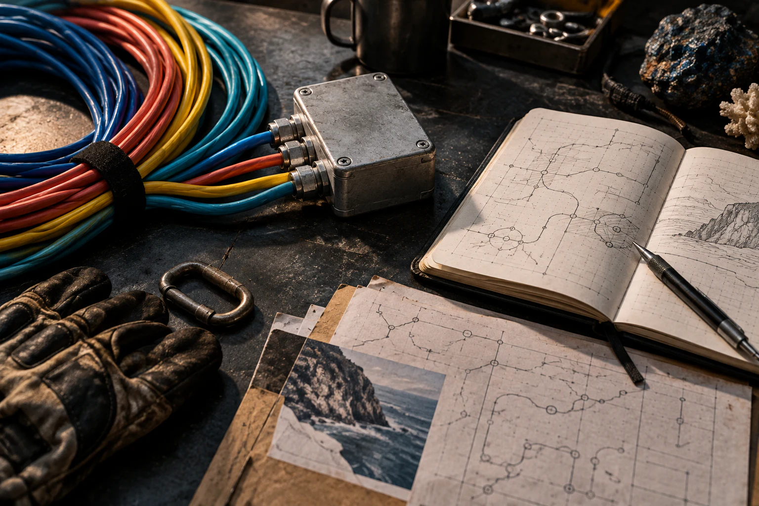 Color-coded cables, paper lead records, a notebook and a compact metal junction on a dark workbench.