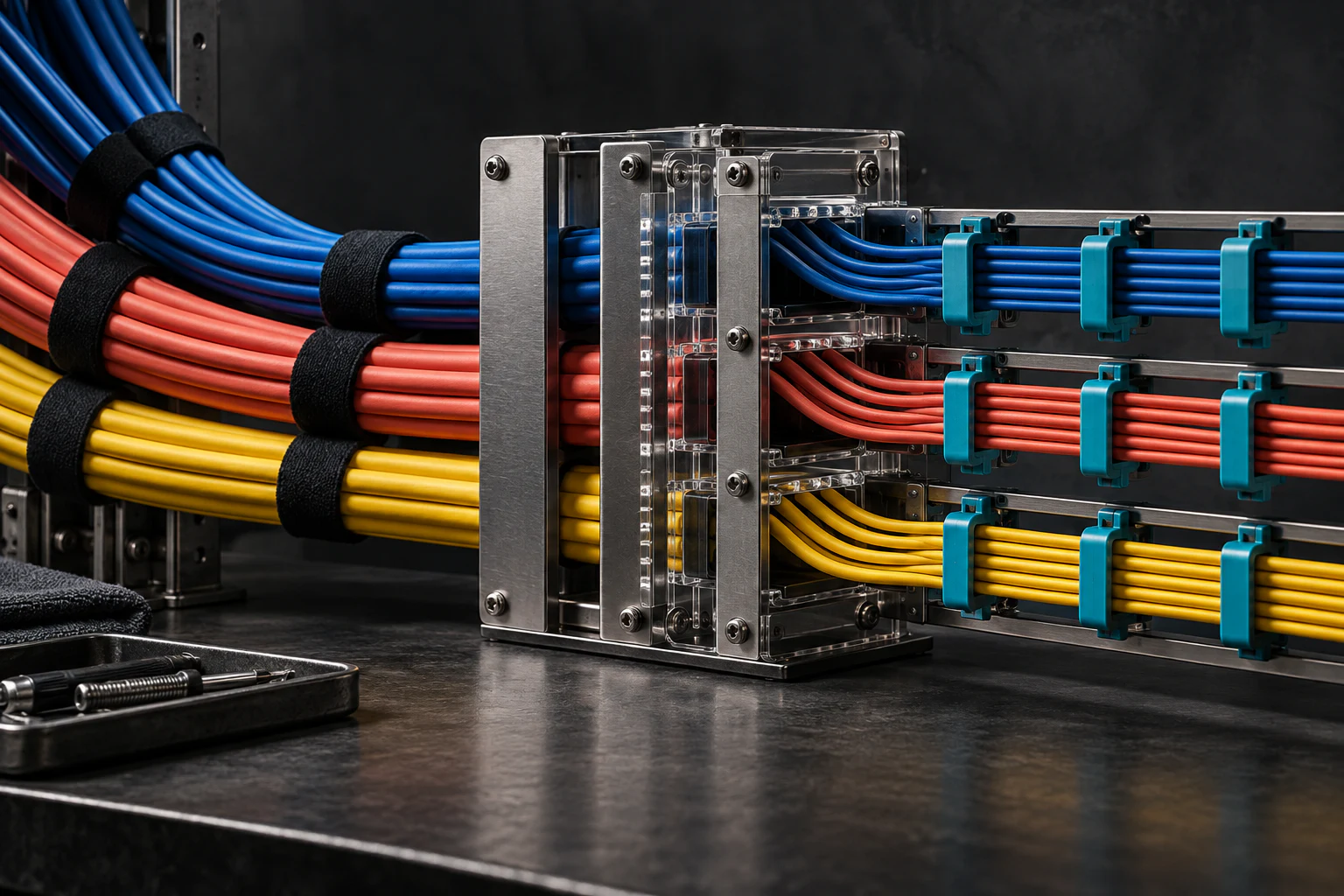 Cobalt, coral and yellow cables entering a precise clear and metal routing frame.