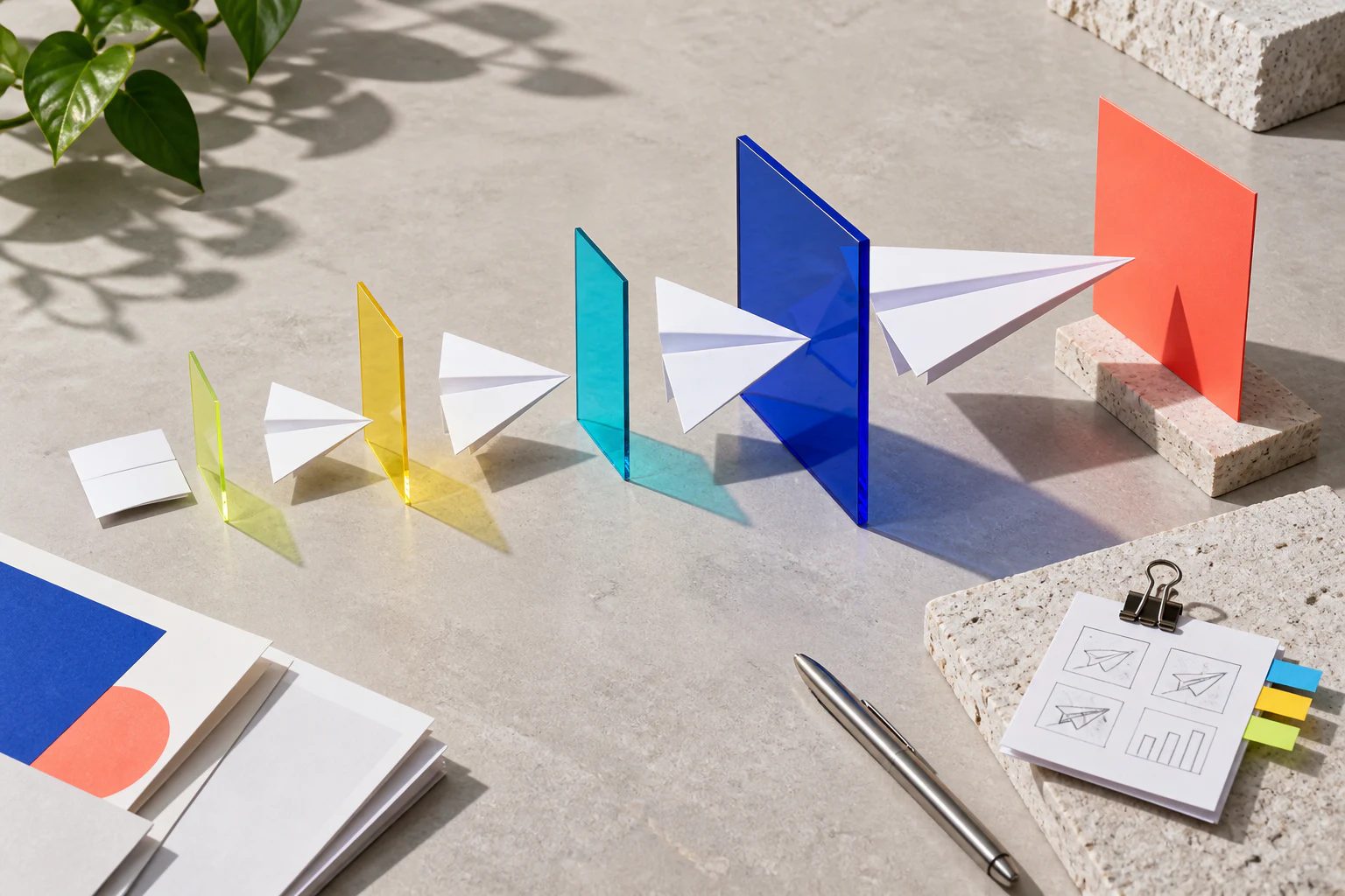 Paper forms moving through a sequence of translucent panels.