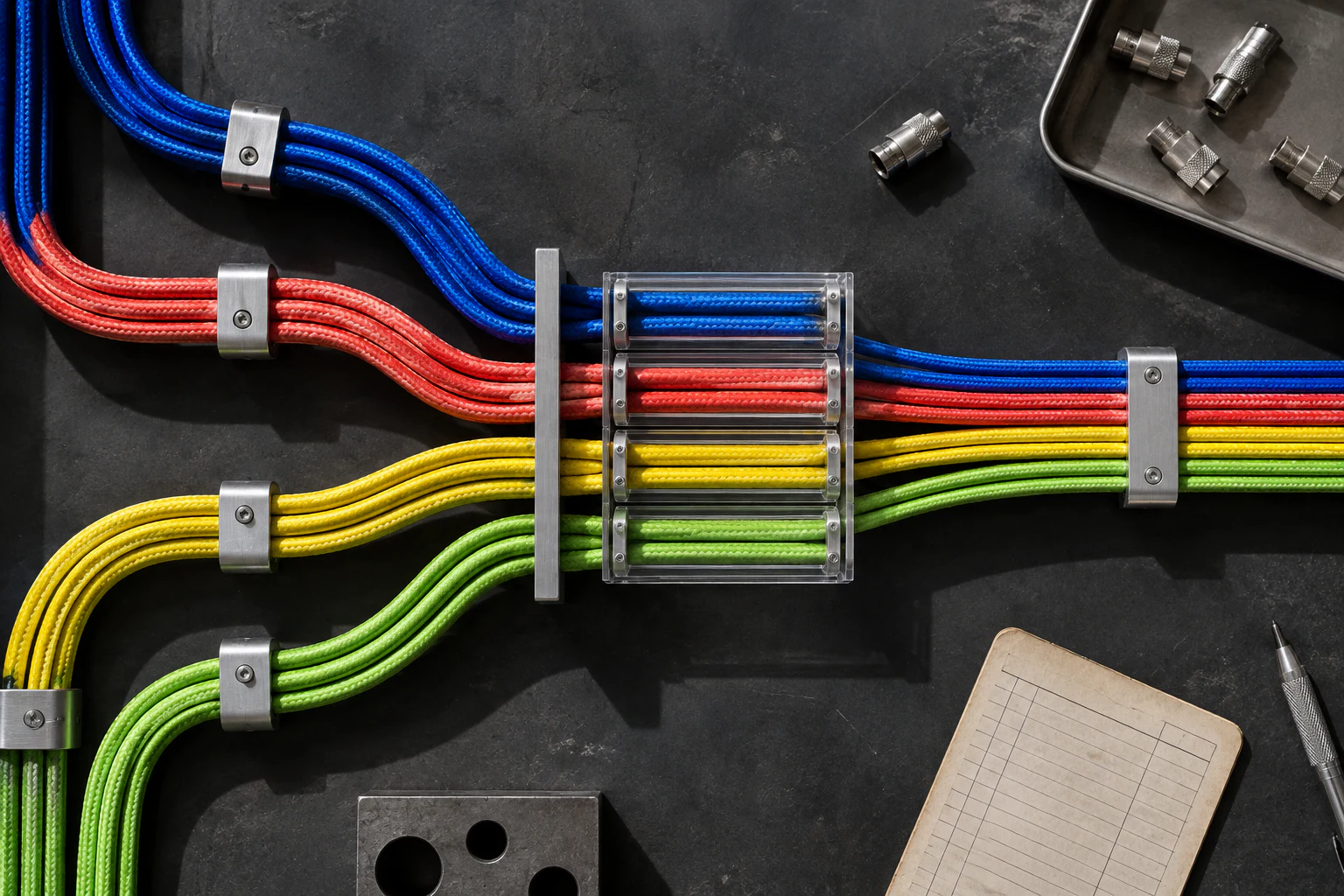 Cobalt, coral and yellow cables routed through clear and metal guides.