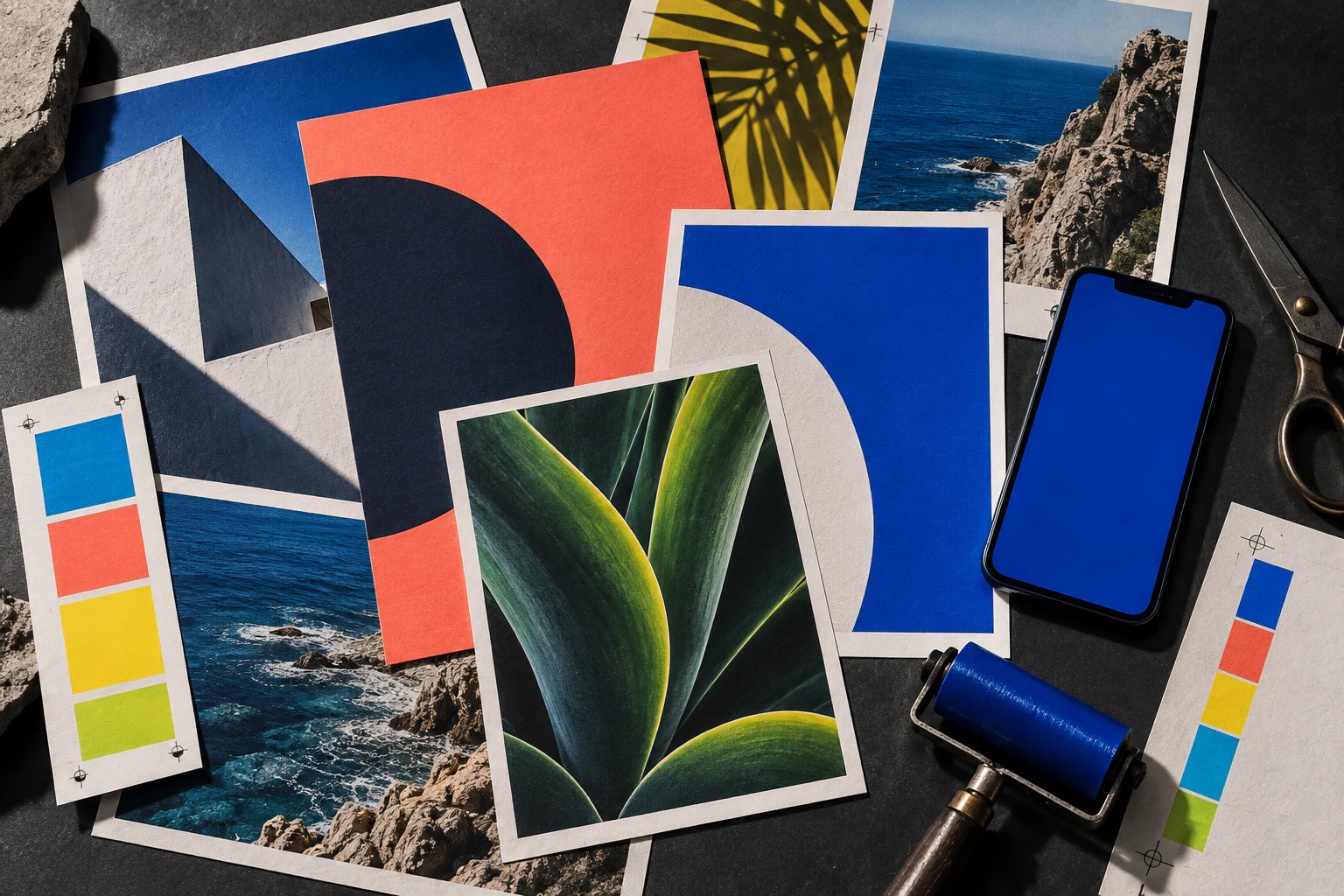 Campaign proofs, contact sheets and ink tools arranged on a dark studio table.