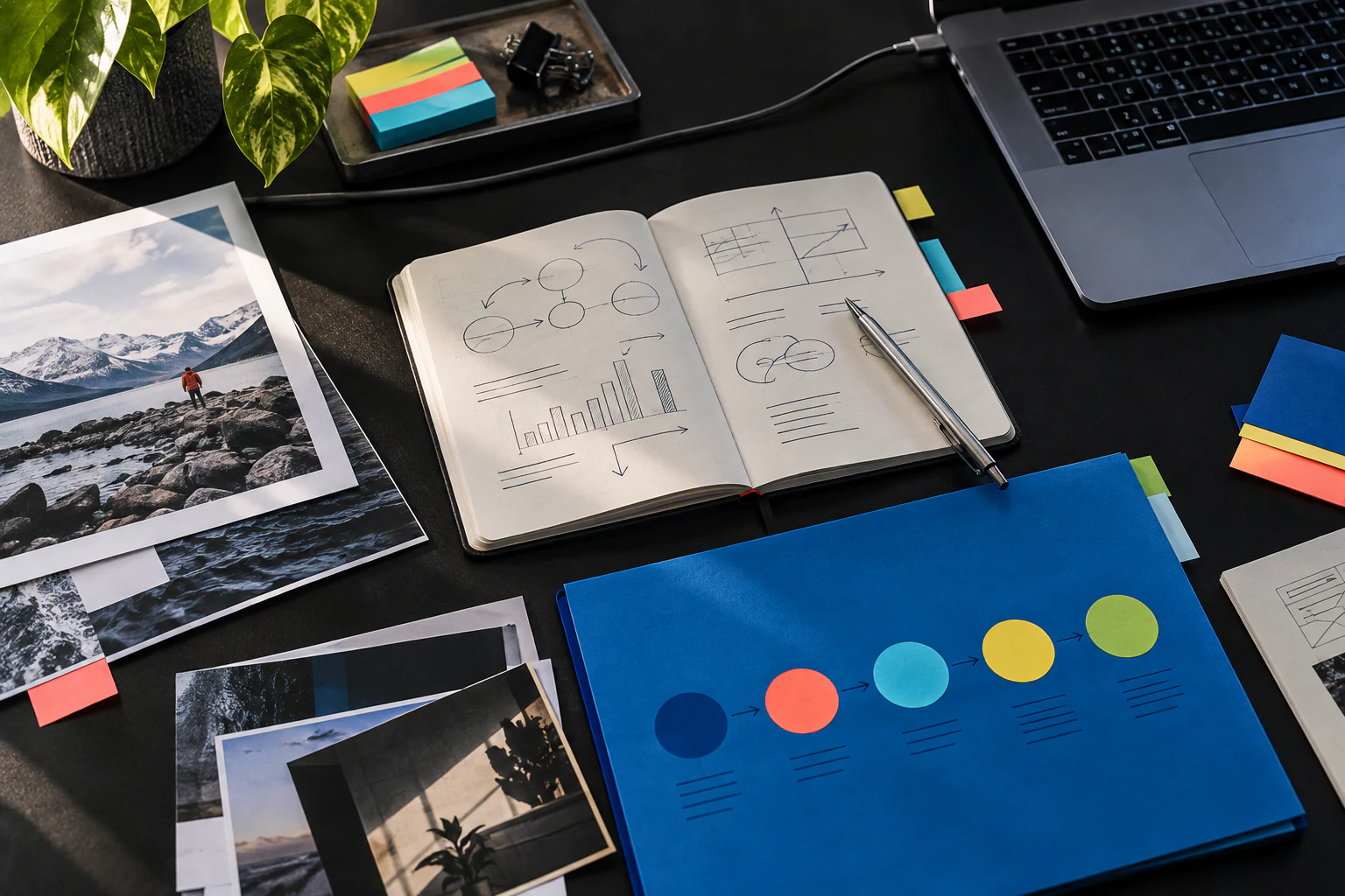 A working notebook, campaign proofs and a colorful route folder spread across a dark desk.