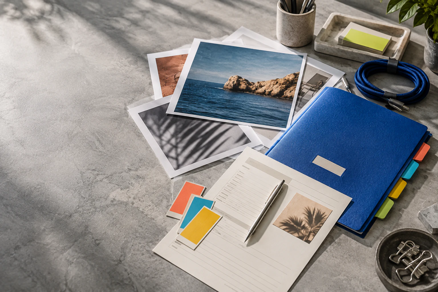 A cobalt system folder, colorful working tabs, campaign photographs and a connected cable on a pale table.