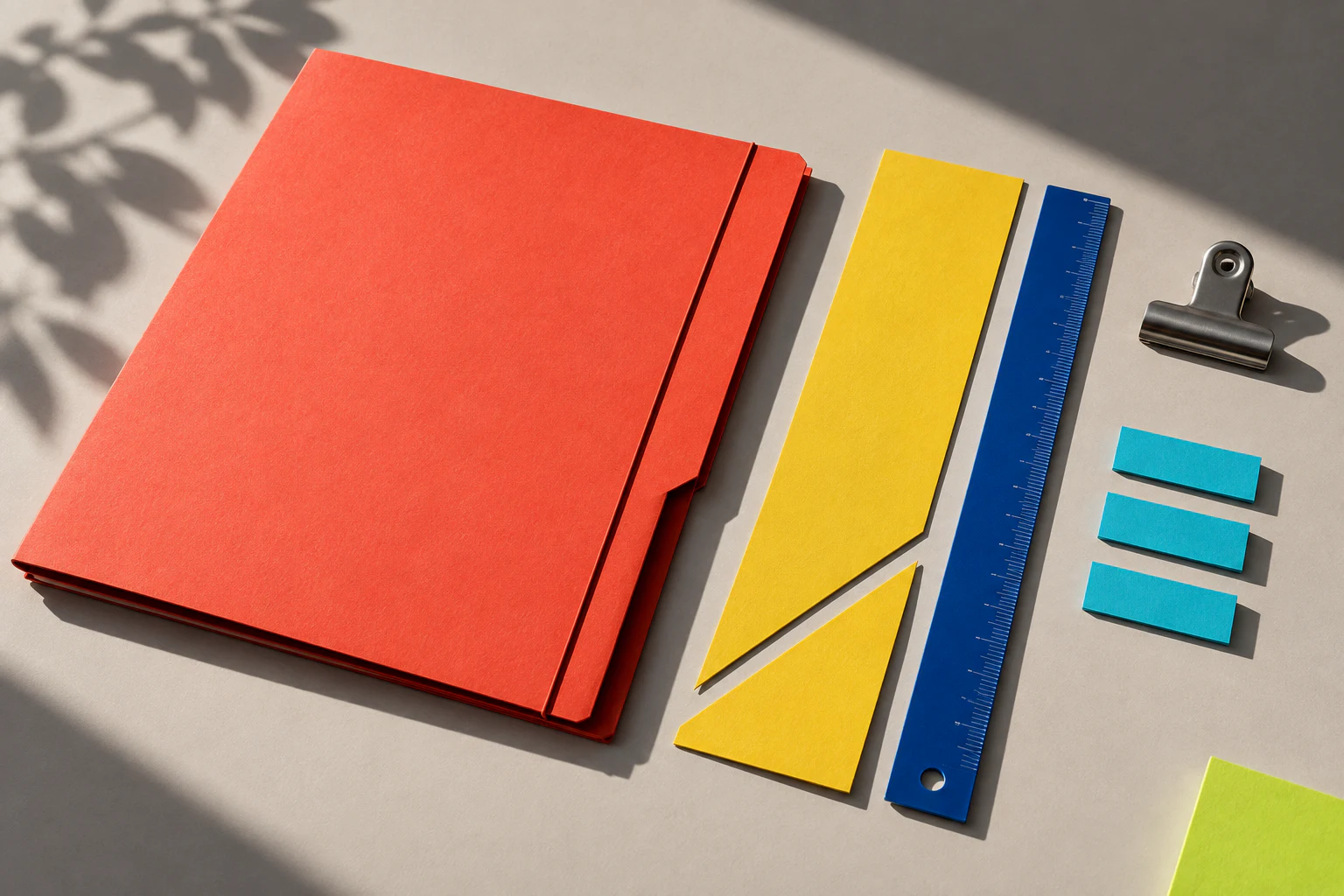 A compact coral folder, precisely cut yellow brief, cobalt ruler and cyan markers on a sunlit table.