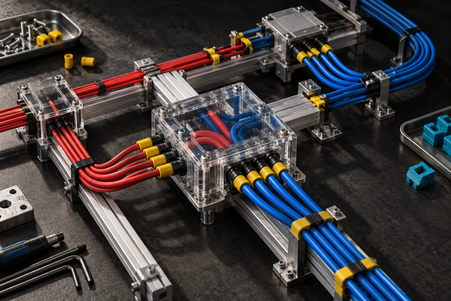 A finished modular assembly routes cobalt and coral cables through clear junctions and metal rails.