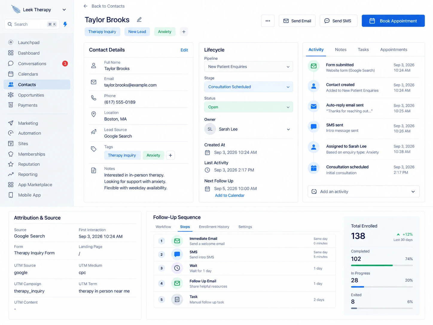 Test CRM contact with lead source, assigned owner and activity log.