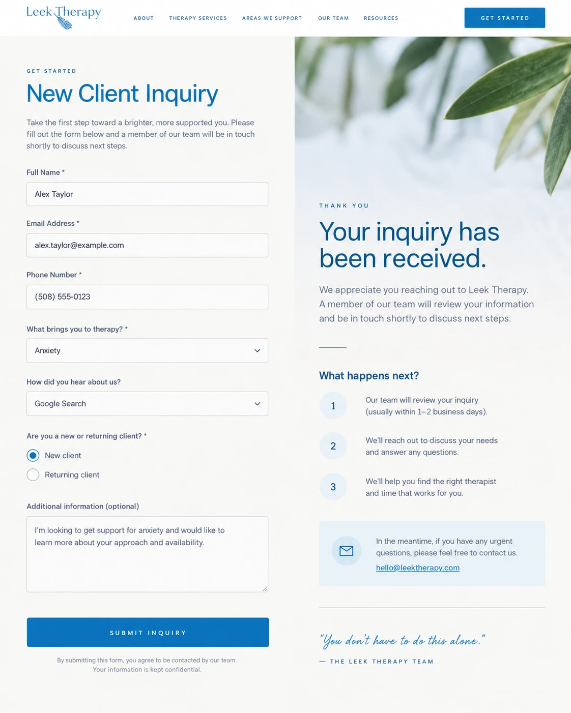 Leek Therapy enquiry confirmation using an example contact.