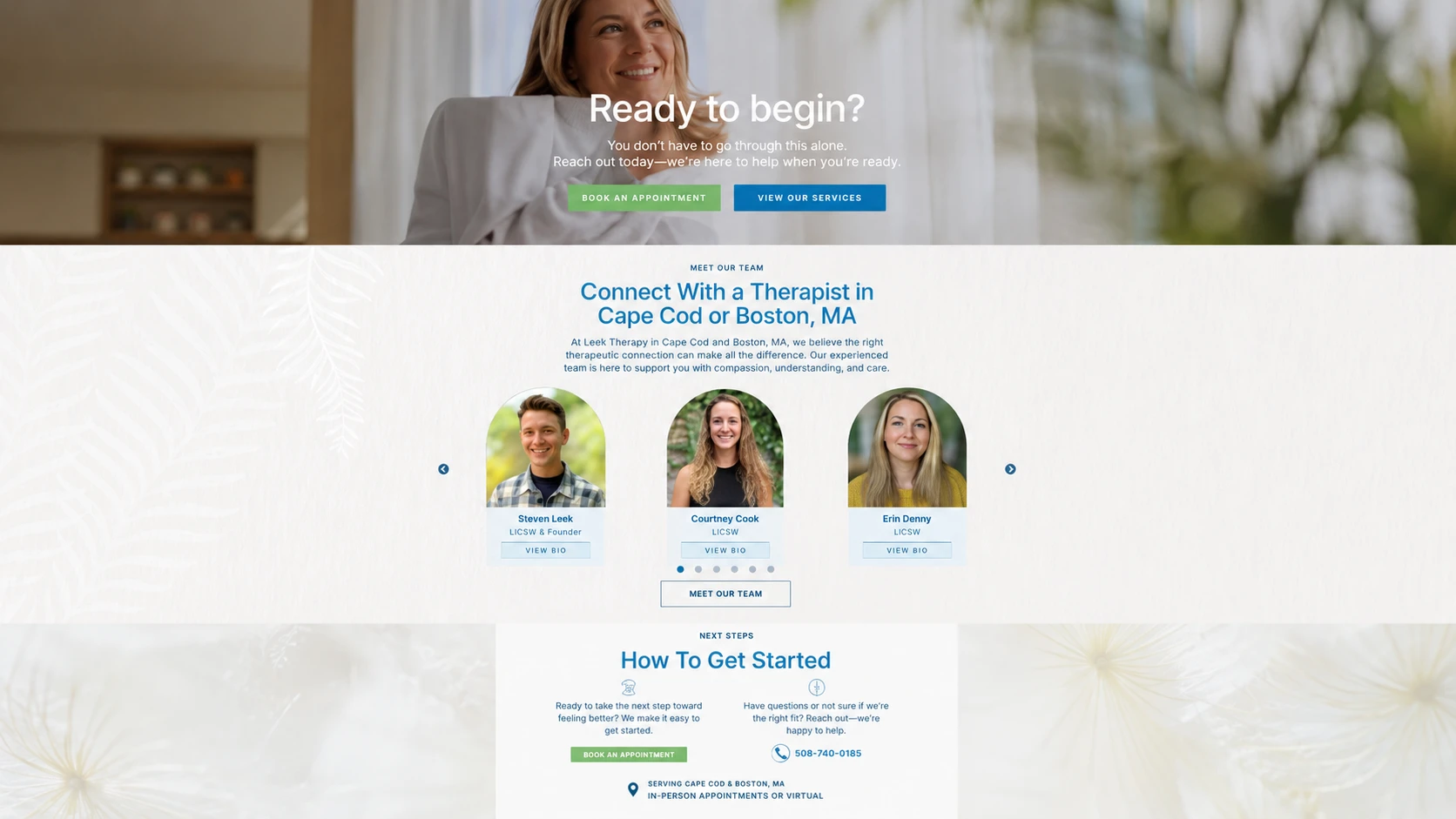 Leek Therapy website showing therapist profiles and next steps.