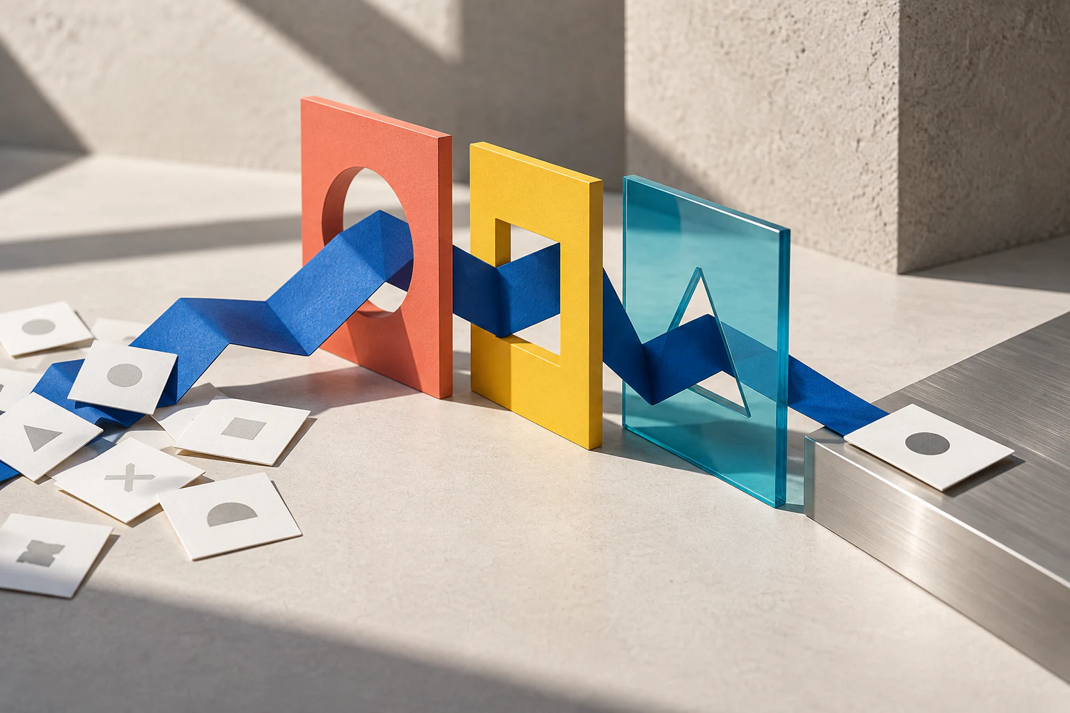 A cobalt paper path passes through colorful apertures and resolves into one clear response card.