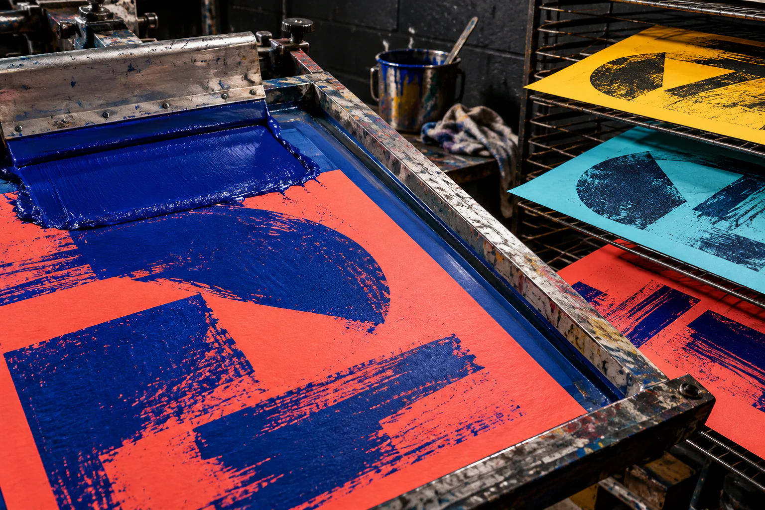 Cobalt ink is pulled across a coral campaign print beside yellow and cyan proofs.