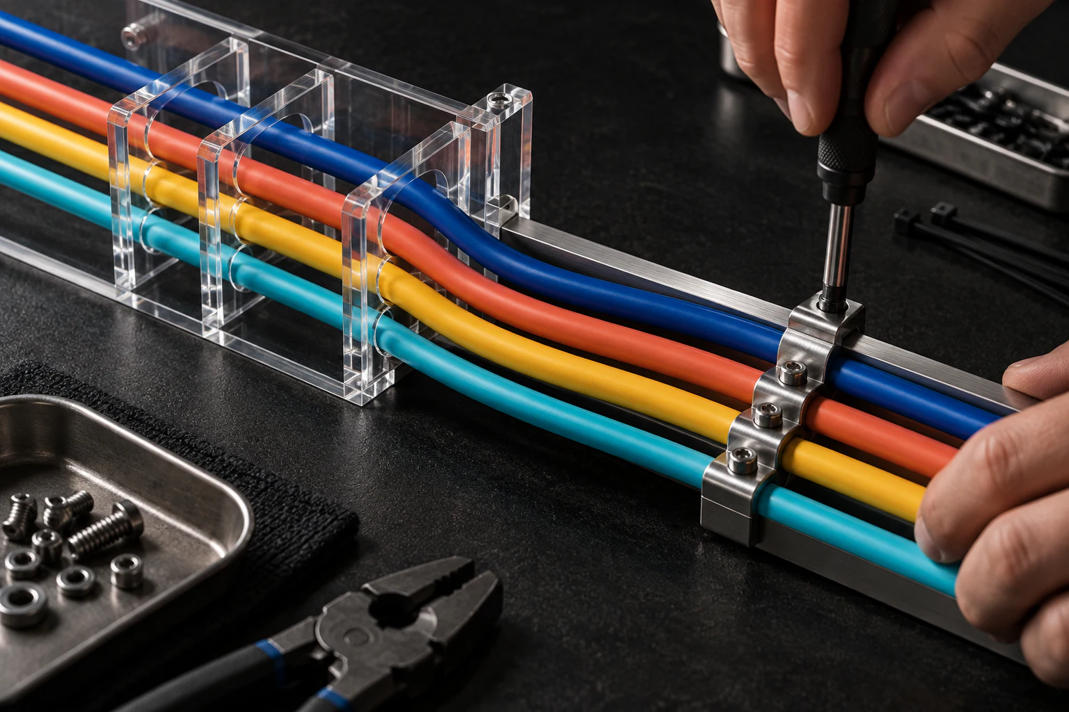 Cobalt, coral, yellow and cyan cables are secured into one precise metal rail.