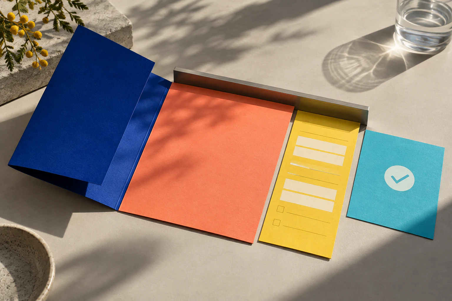 A cobalt booklet opens into coral, yellow and cyan stages of an enquiry journey.