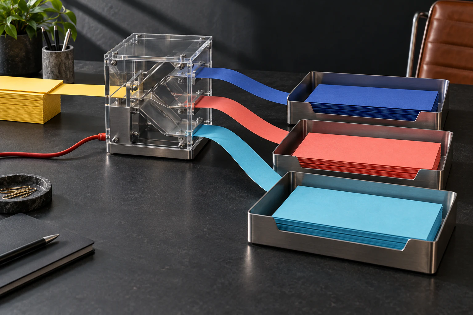 A transparent sorter routes colorful paper records into three metal follow-up trays.